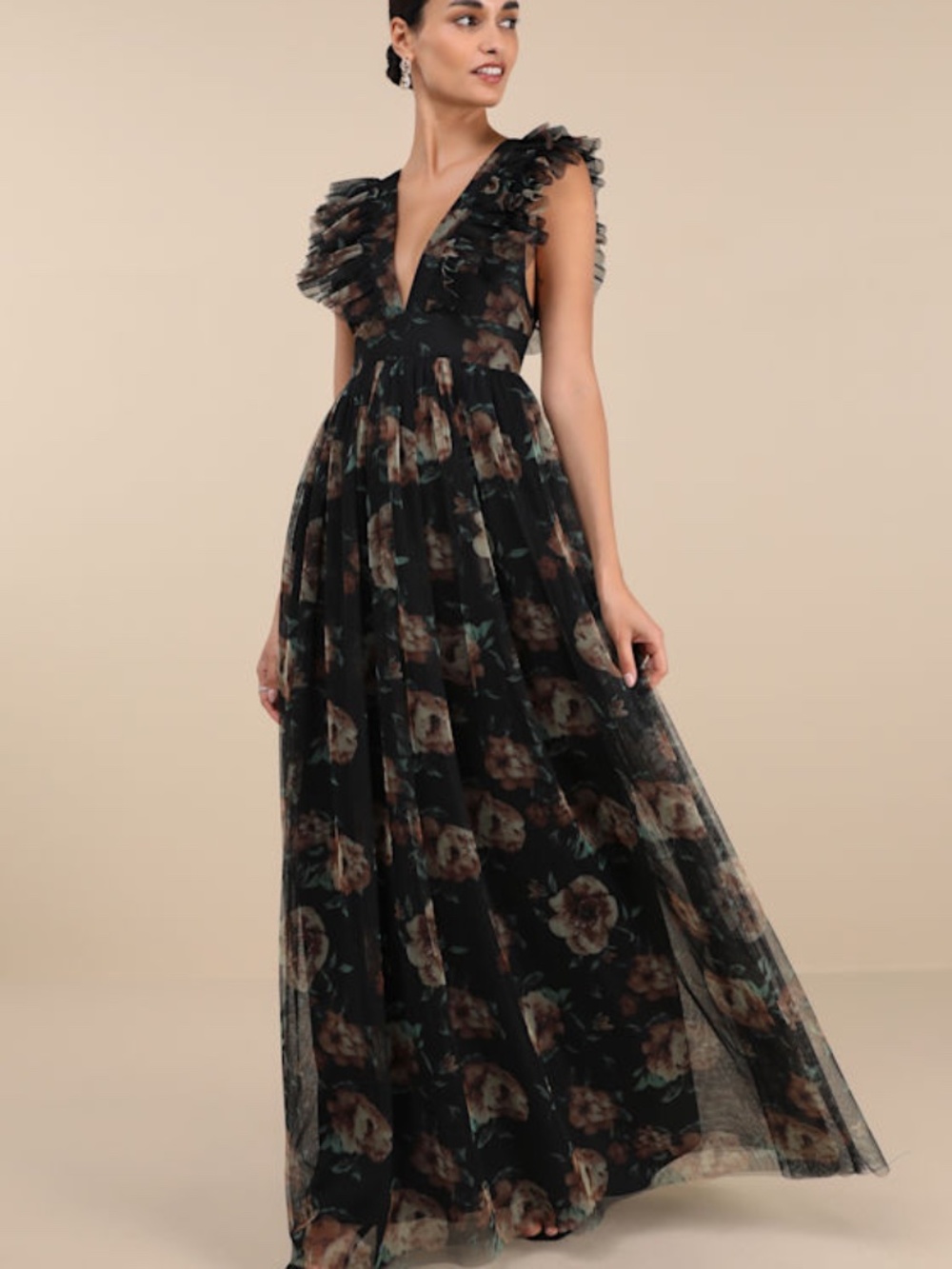 Lulus Simply Delighted Black Floral Mesh Ruffled Backless Maxi Dress - Size L